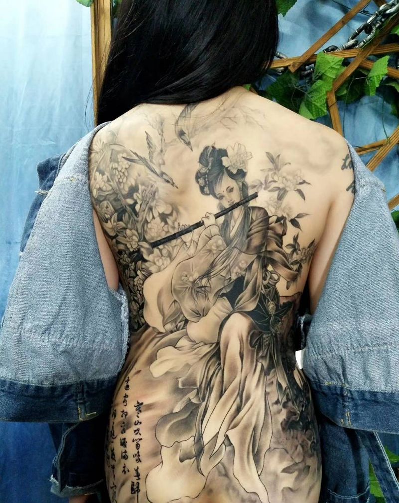 中国仕女纹身图片_背部中国风纹身图案