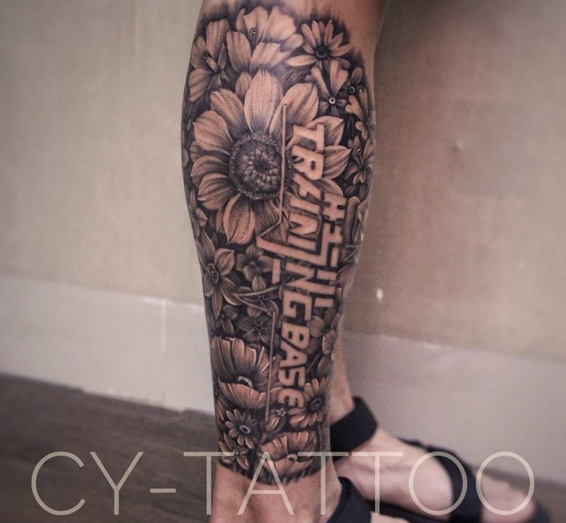 logo花腿纹身图片_原创手臂腿部成品欧美写实清新植物几何字符纹身图案