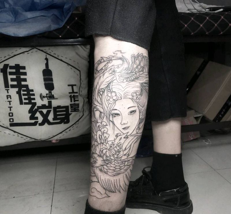 艺伎线条纹身图片