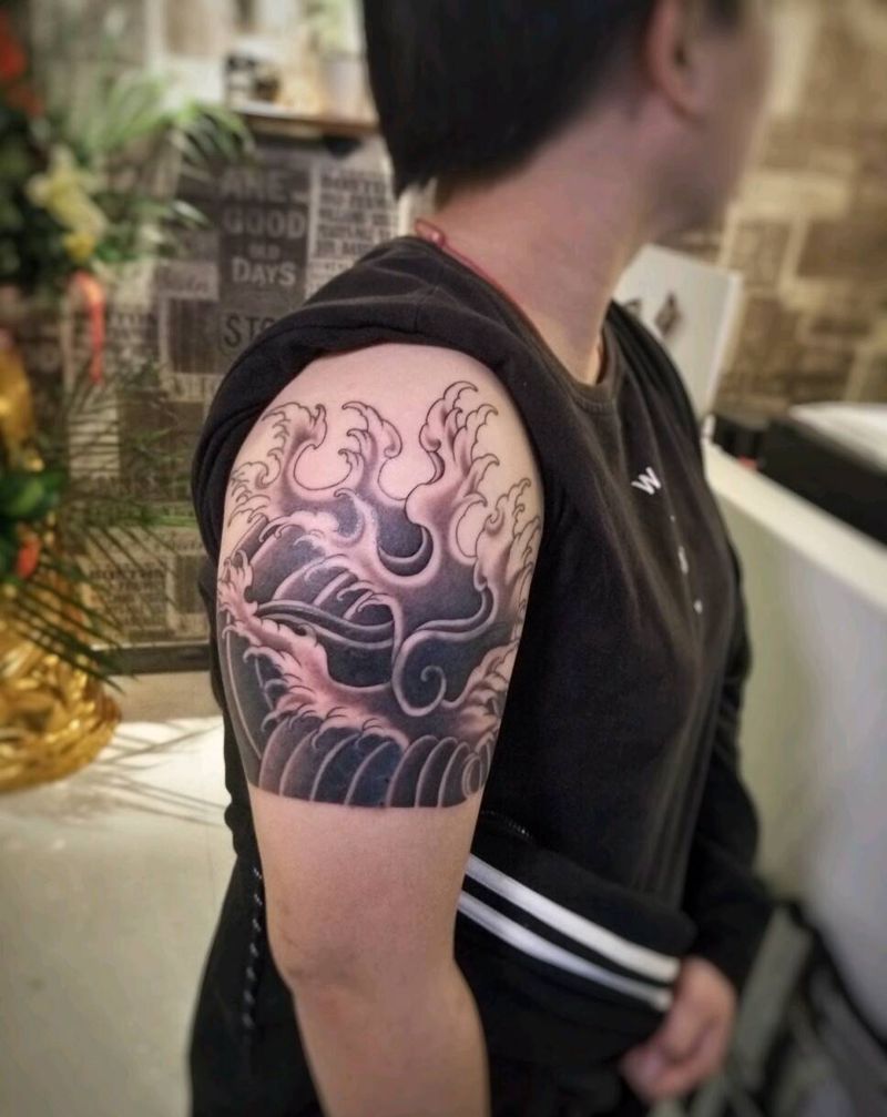 浪花遮盖旧纹身纹身图片_手臂传统习俗静物图腾原创成品纹身图案