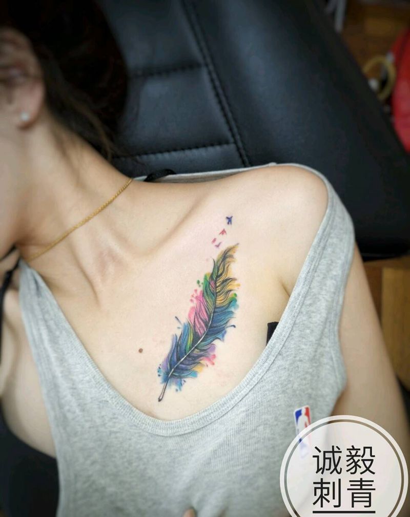 水彩羽毛遮盖旧纹身纹身图片_肩部胸部欧美清新写实几何植物静物原创成品纹身图案