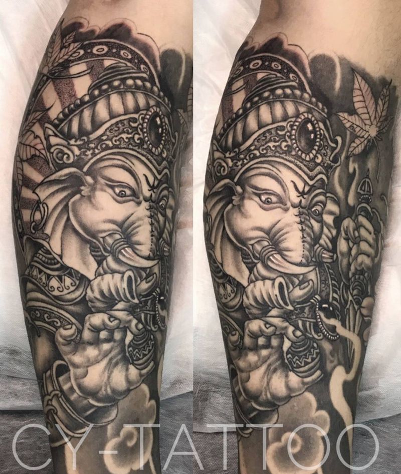 象神纹身图片_成品腿部手臂传统习俗肖像鬼神动物人物纹身图案