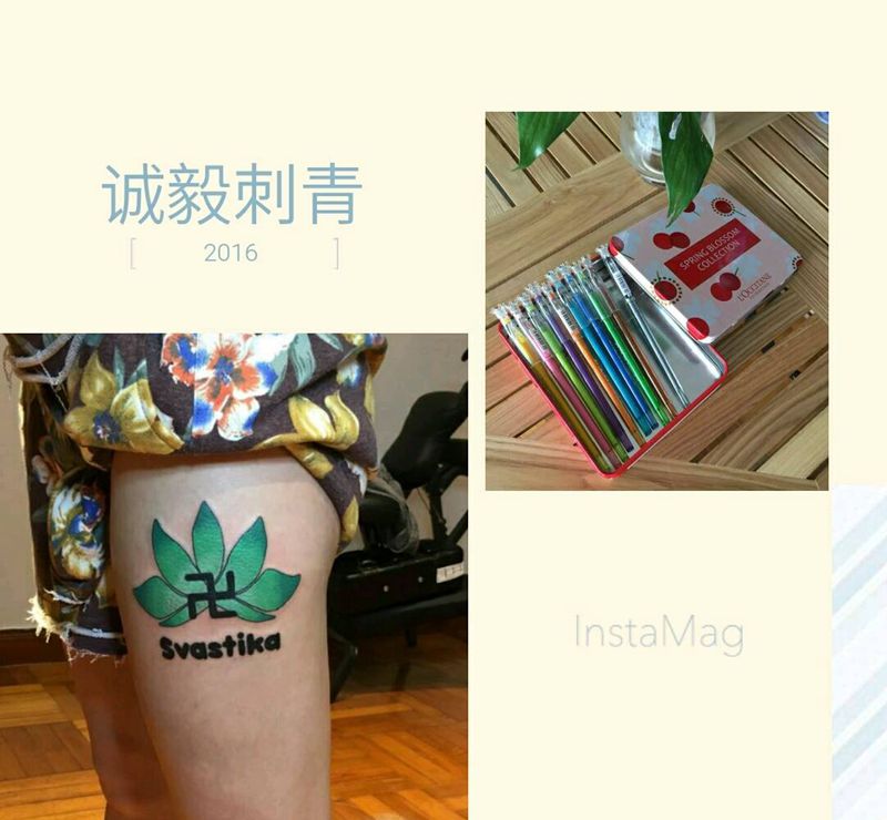 卍字莲花纹身图片_腿部传统清新几何字符植物图腾成品手稿纹身图案