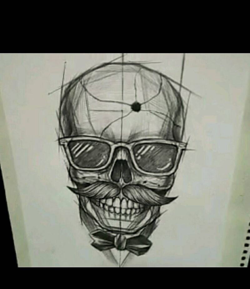 原创墨镜骷髅手稿纹身图片_手臂腿部欧美传统写实人物鬼神原创手稿插画纹身图案
