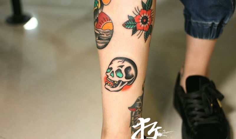 oldschool拼接纹身图片_腿部欧美传统习俗清新动物人物植物成品纹身图案