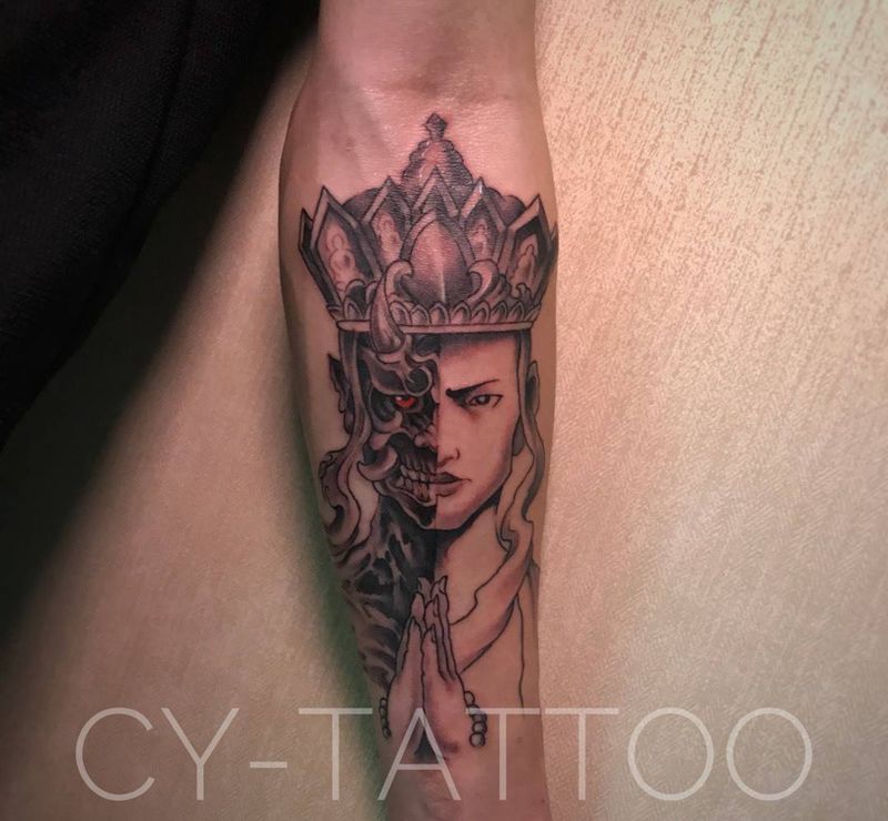 一念之间纹身图片_成品手臂传统习俗肖像人物鬼神纹身图案