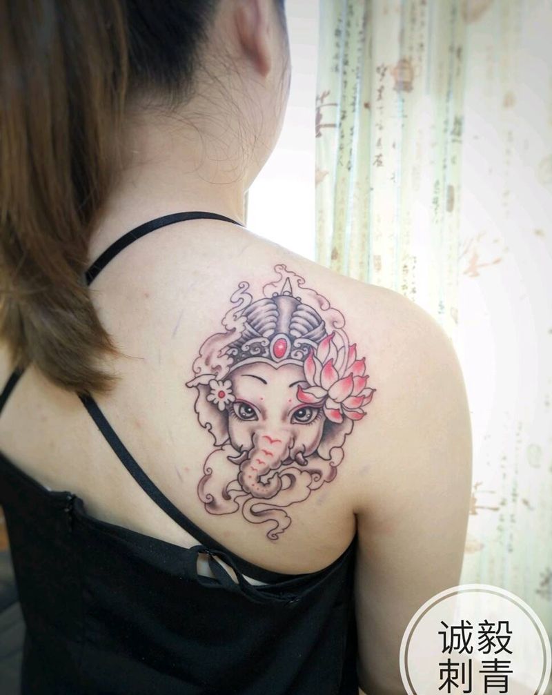 女版象神纹身图片_肩部背部腿部欧美传统清新动物人物鬼神成品纹身图案