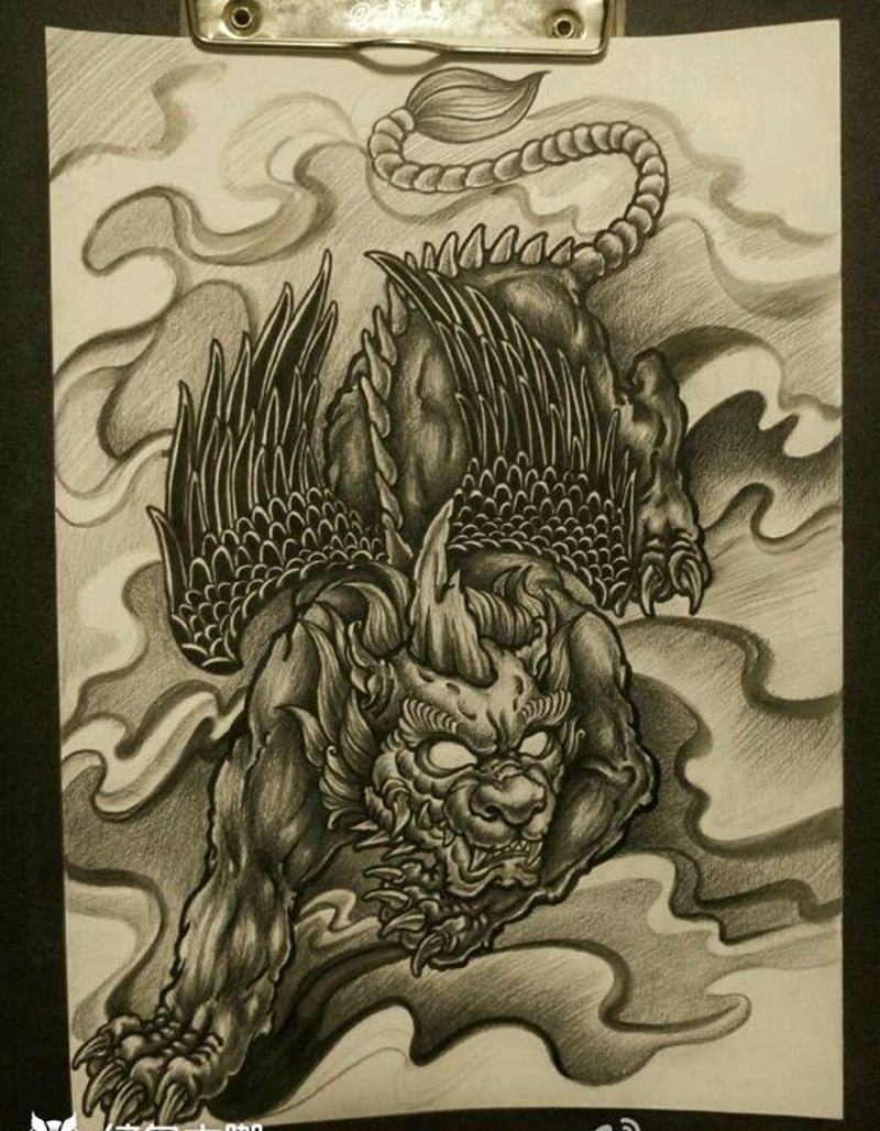 原创貔貅手稿纹身图片_肩部背部手臂腿部传统写实国画动物鬼神原创纹身图案