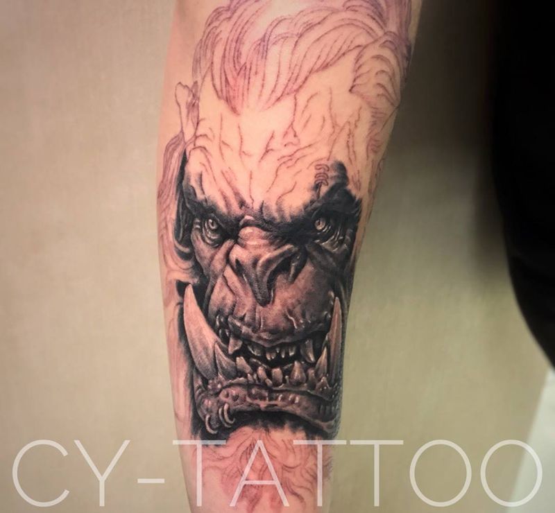 魔兽花臂，未完成纹身图片_人物鬼神欧美写实脚部手臂成品纹身图案