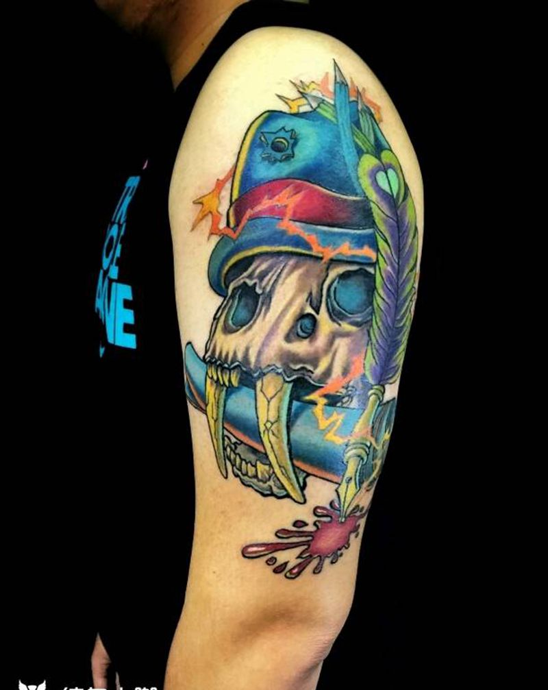 原创newschool剑齿虎纹身图片_手臂腿部欧美传统写实动物静物原创纹身图案