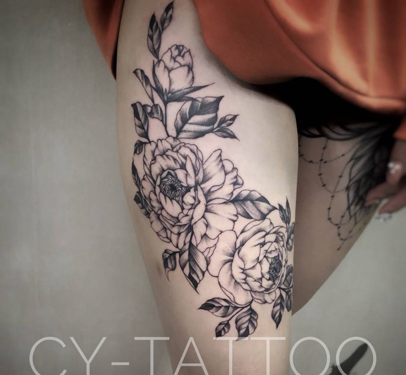 线性风格牡丹纹身图片_植物几何欧美清新写实腿部手臂成品纹身图案