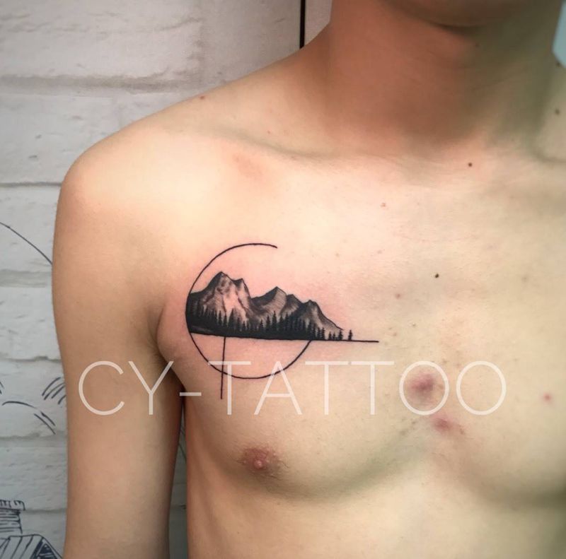 山纹身图片_欧美清新成品胸部肩部植物几何写实纹身图案