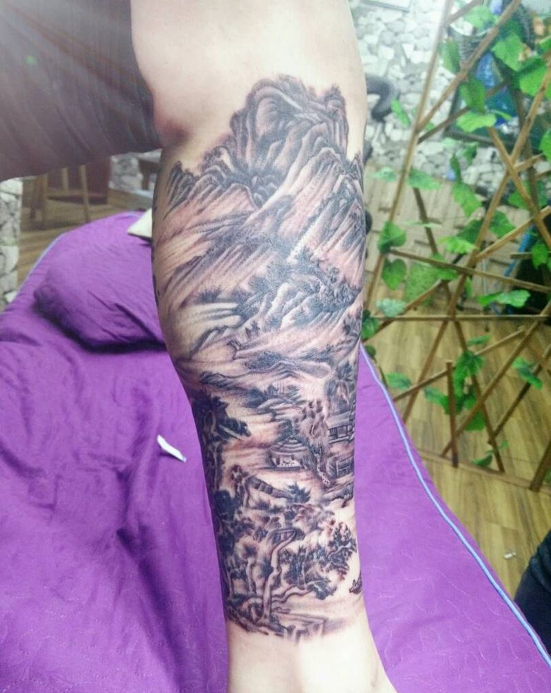 小腿山水画纹身图片