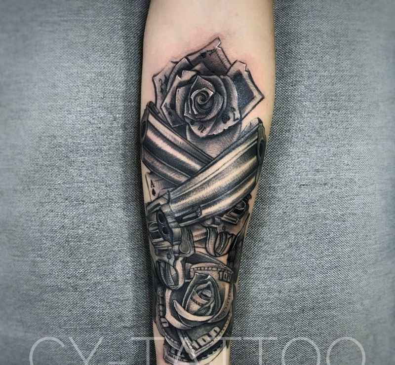 枪花玫瑰纹身图片_几何欧美写实清新手臂腿部成品手稿静物植物纹身图案
