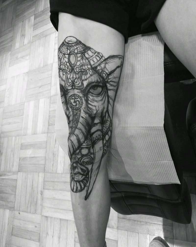 象神纹身图片_腿部欧美传统写实动物人物鬼神手稿插画纹身图案