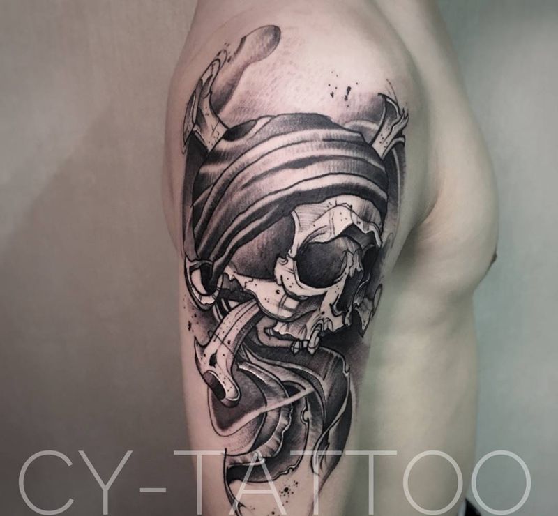 骷髅纹身图片_人物几何欧美清新成品手臂腿部纹身图案