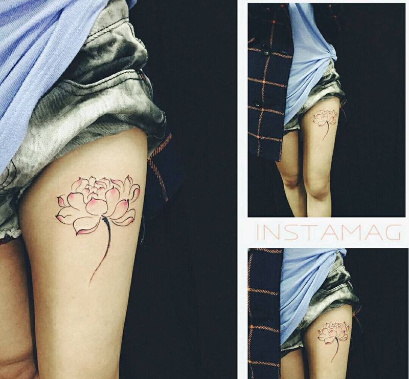 水墨莲花纹身纹身图片_腿部欧美传统习俗植物原创成品手稿纹身图案