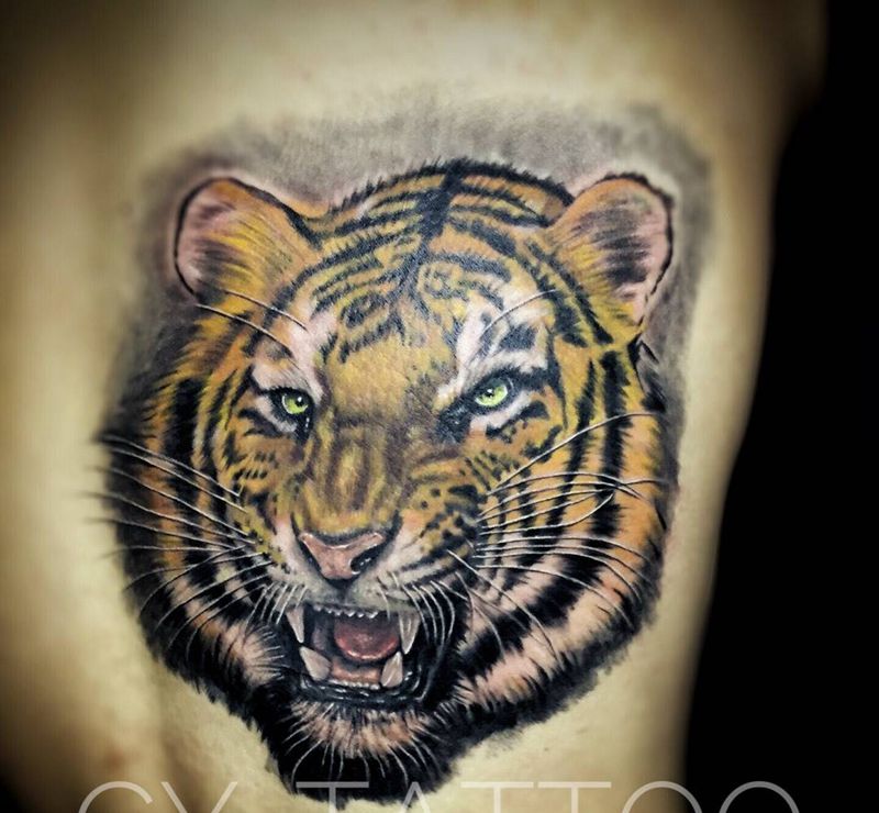 大老虎纹身图片_原创动物欧美肖像写实成品腿部手臂背部纹身图案