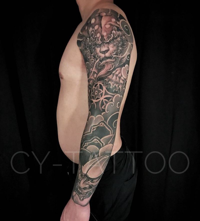 般若唐狮花臂（遮盖）纹身图片_原创几何鬼神传统国画手臂腿部成品纹身图案