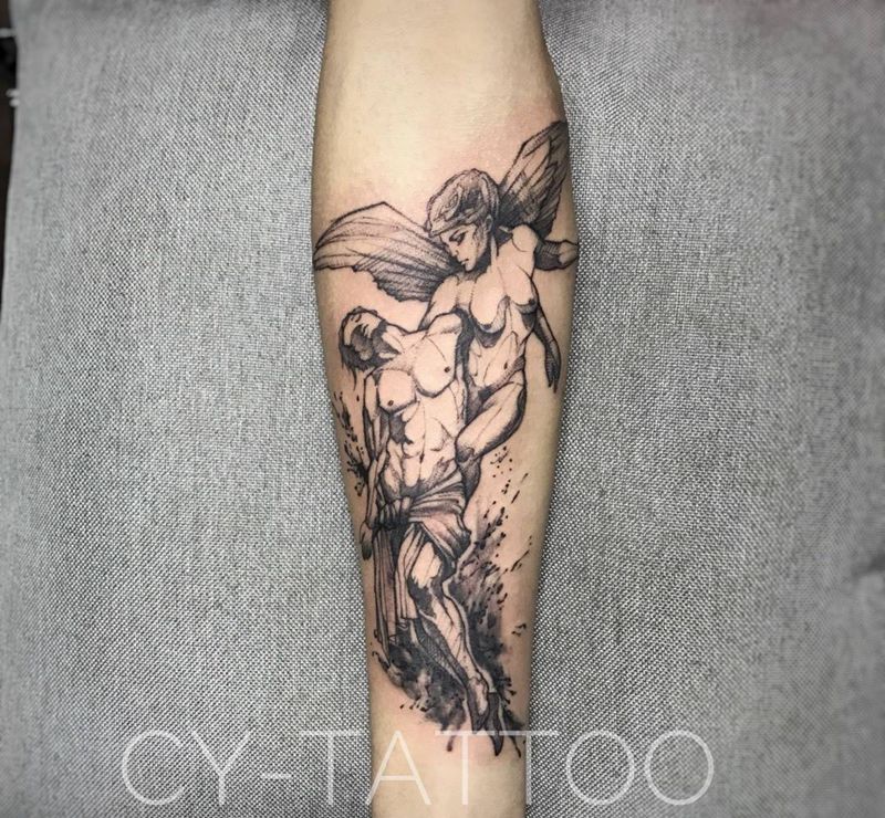 天使纹身图片_几何人物欧美清新手臂腿部成品背部鬼神传统纹身图案