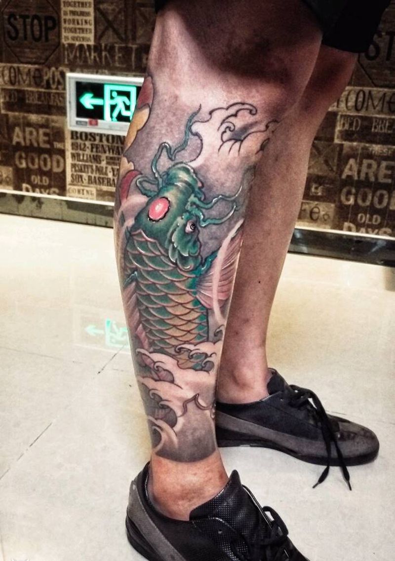 原创双鱼包小腿纹身图片_手臂腿部传统习俗国画动物植物鬼神原创成品纹身图案