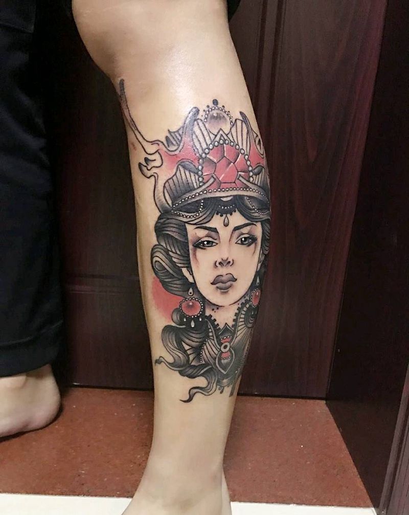 old school胜利女神纹身图片_腿部欧美肖像人物成品纹身图案