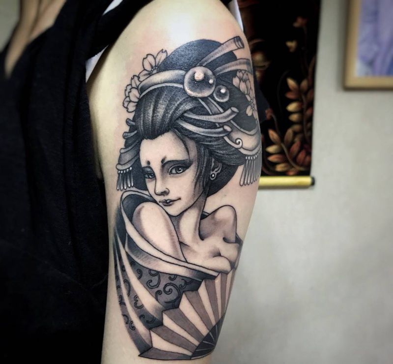 艺妓纹身图片_人物习俗传统肖像国画成品清新手臂腿部胸部纹身图案