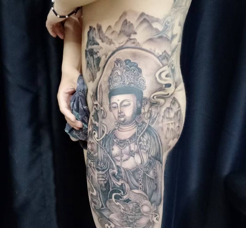 虚空藏菩萨纹身图片_腿部腰部新传统人物，神佛纹身图案
