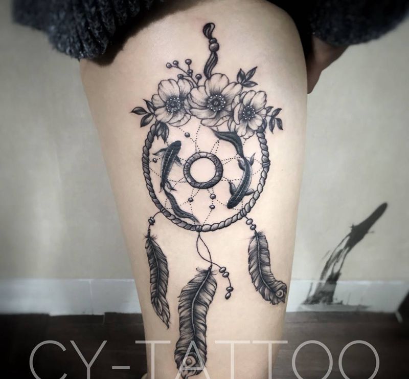 原创捕梦网纹身图片_原创几何动物静物欧美写实清新成品国画腿部纹身图案