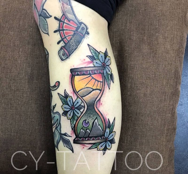 原创oldschool沙漏纹身图片_原创几何植物欧美传统清新习俗成品手臂腿部纹身图案