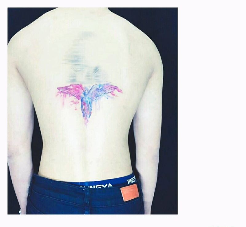 写意水彩天使纹身图片_背部手臂欧美清新国画几何人物鬼神成品手稿纹身图案