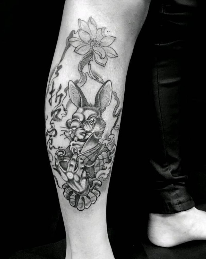 兔子遮盖疤痕纹身图片_腿部脚部欧美清新几何字符动物原创成品纹身图案