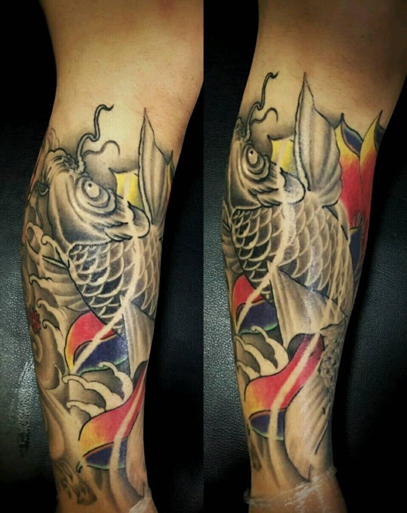 小腿鲤鱼恢复完效果纹身图片_手臂腿部传统习俗动物植物成品纹身图案