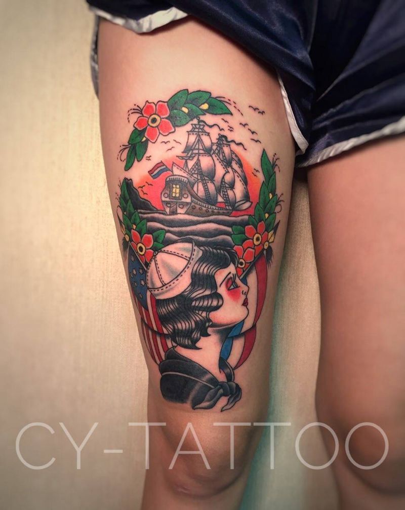 old school纹身图片_成品腿部欧美传统人物植物几何字符纹身图案