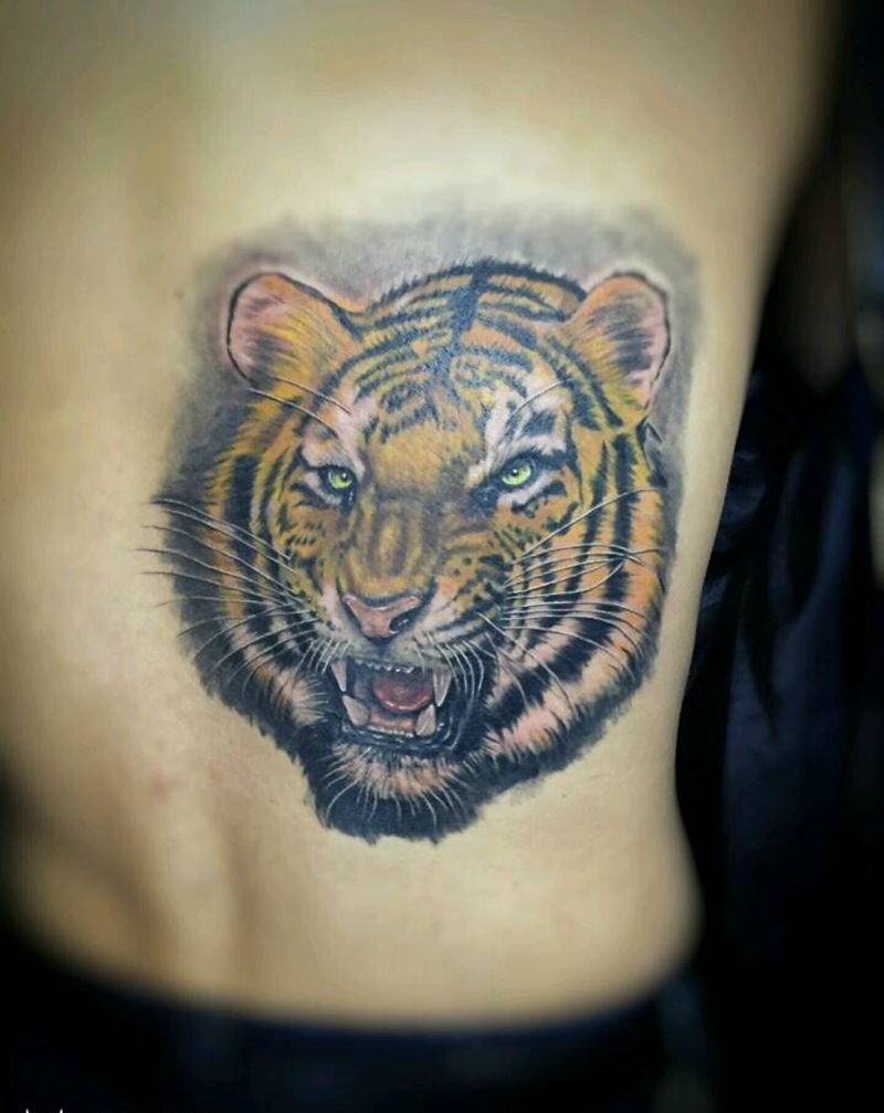 彩色老虎纹身图片_背部欧美写实动物成品纹身图案