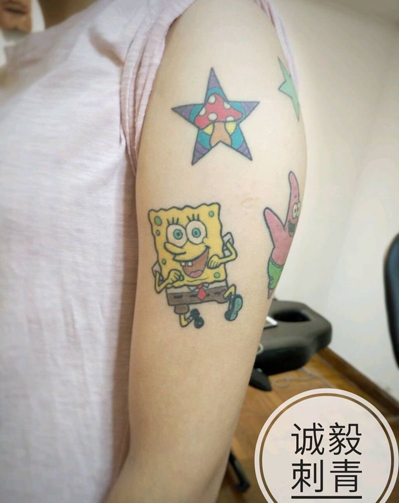 恢复完的海绵宝宝纹身纹身图片_欧美清新几何人物成品手稿插画纹身图案
