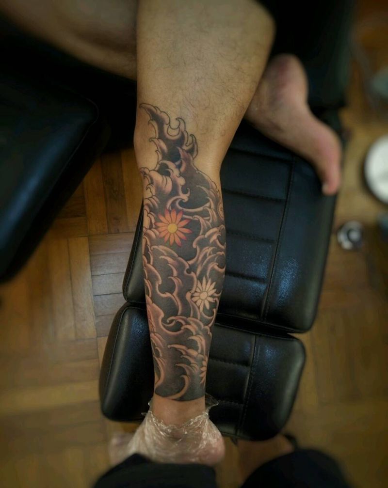 原创浪花小腿纹身图片_手臂腿部传统国画几何植物图腾原创成品纹身图案