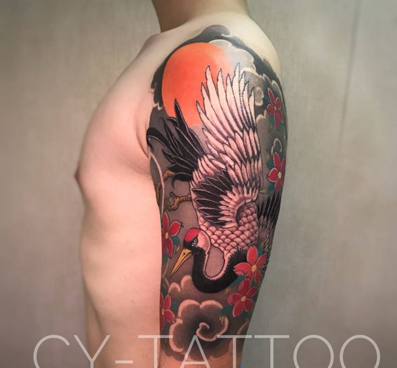 传统仙鹤纹身图片_原创植物动物欧美传统国画成品手臂腿部胸部纹身图案