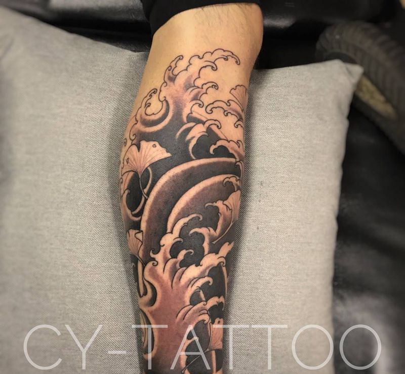 原创浪花腿纹身图片_成品腿部手臂传统国画植物原创贴纸几何纹身图案