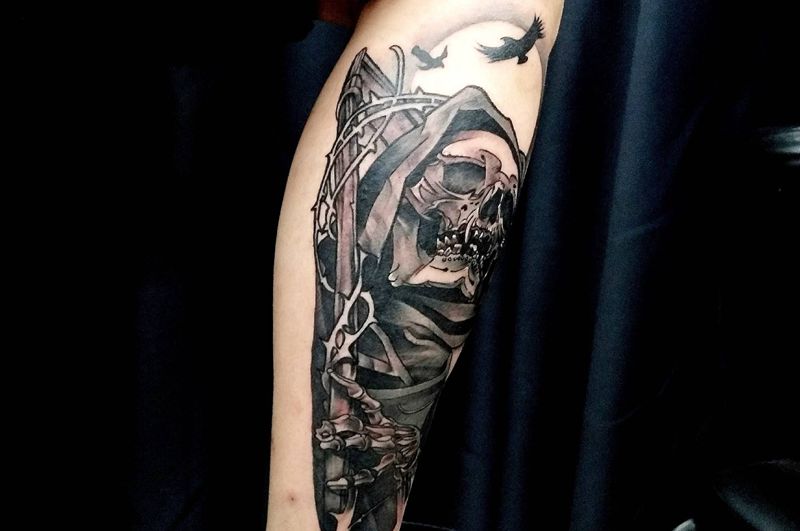 死神骷髅纹身图片_腿部脚部欧美写实纹身图案