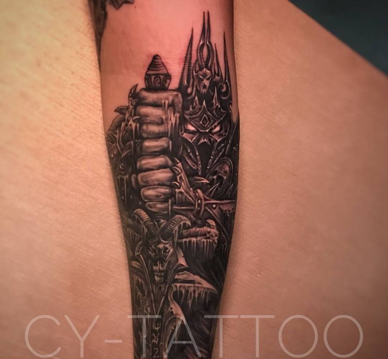 巫妖王纹身图片_鬼神人物欧美写实肖像手臂腿部成品插画纹身图案