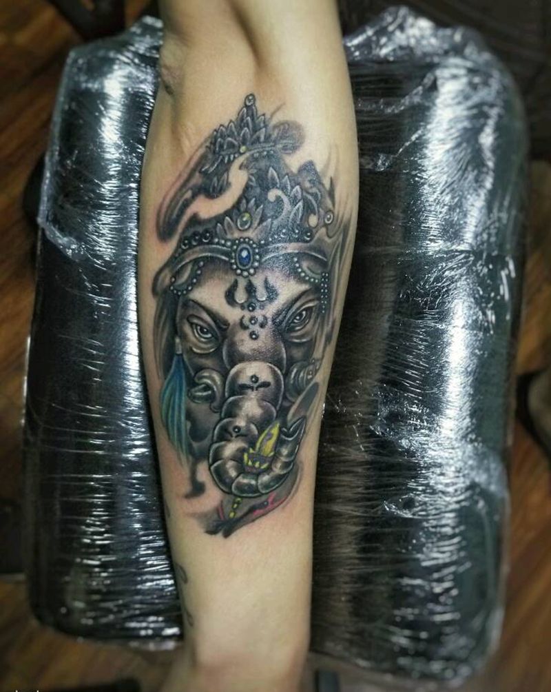 象神纹身效果纹身图片_手臂腿部传统国画动物人物鬼神原创成品纹身图案