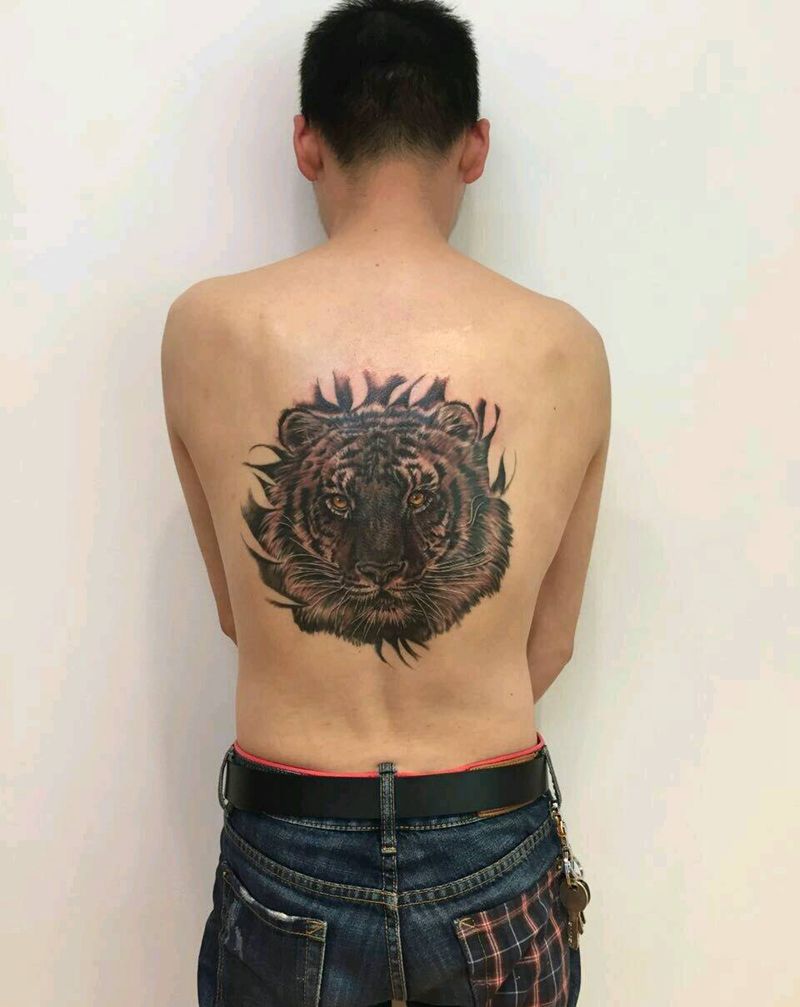 写实黑灰老虎纹身图片_背部欧美传统写实动物原创成品纹身图案