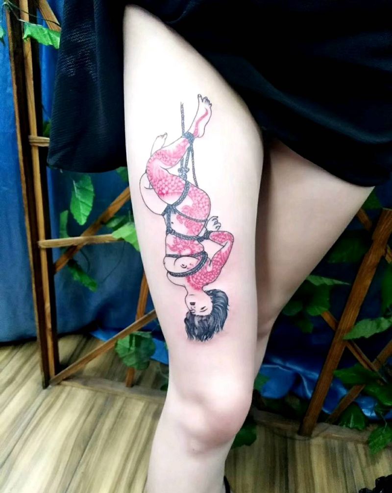 捆绑纹身图片_腿部水彩纹身图案