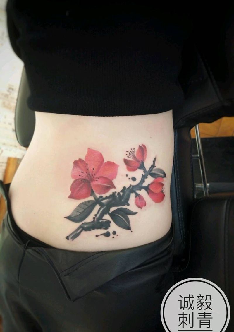 水墨花朵纹身遮盖旧图腾纹身图片_腰部背部传统习俗清新国画植物原创成品纹身图案