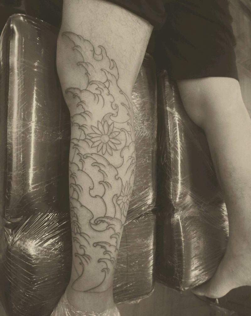 浪花小腿（未完成）纹身图片