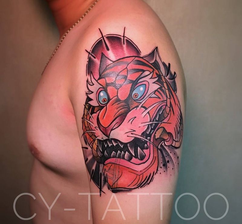 newschool老虎纹身图片_欧美传统清新手臂腿部成品动物静物纹身图案