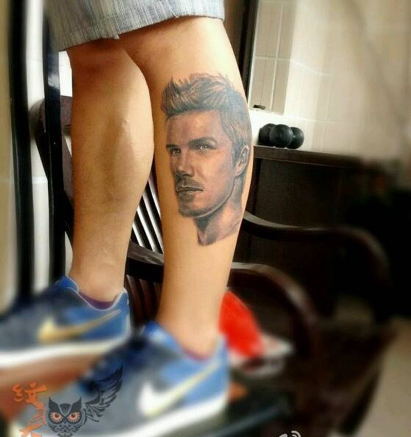 小腿小贝肖像纹身图片