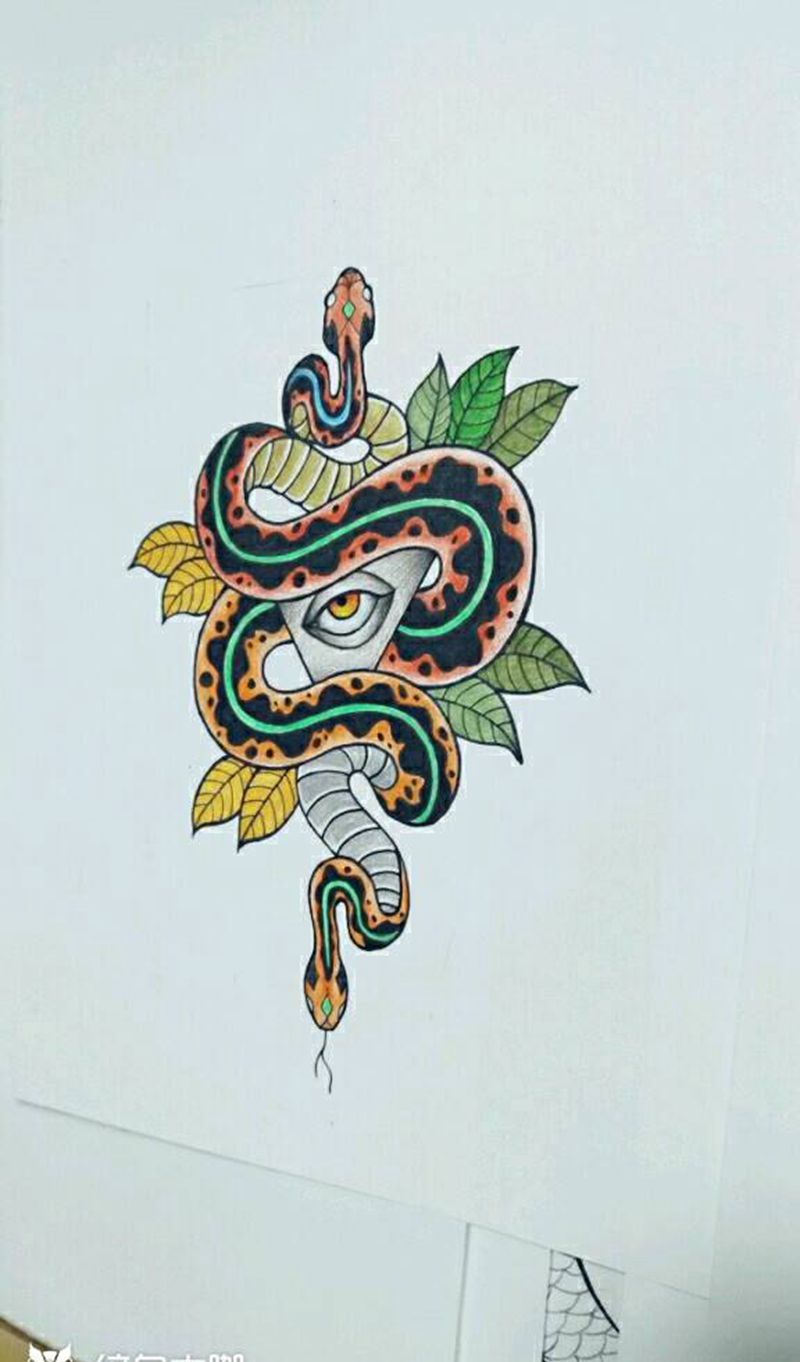 原创手稿，双头蛇纹身图片_欧美传统动物植物宗教原创手稿插画纹身图案
