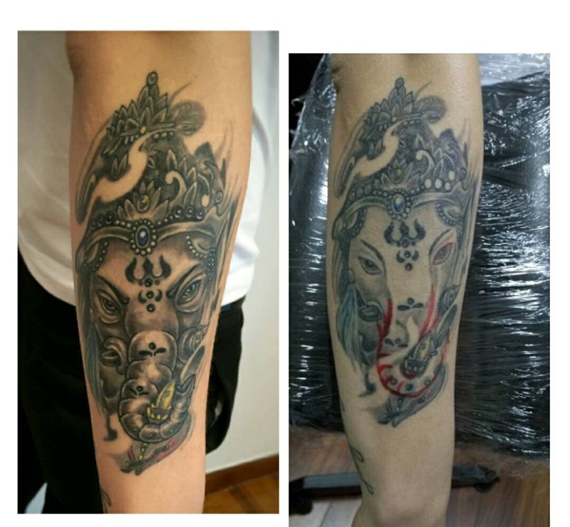 修改象神恢复完效果纹身图片_手臂腿部传统习俗动物人物鬼神原创成品纹身图案